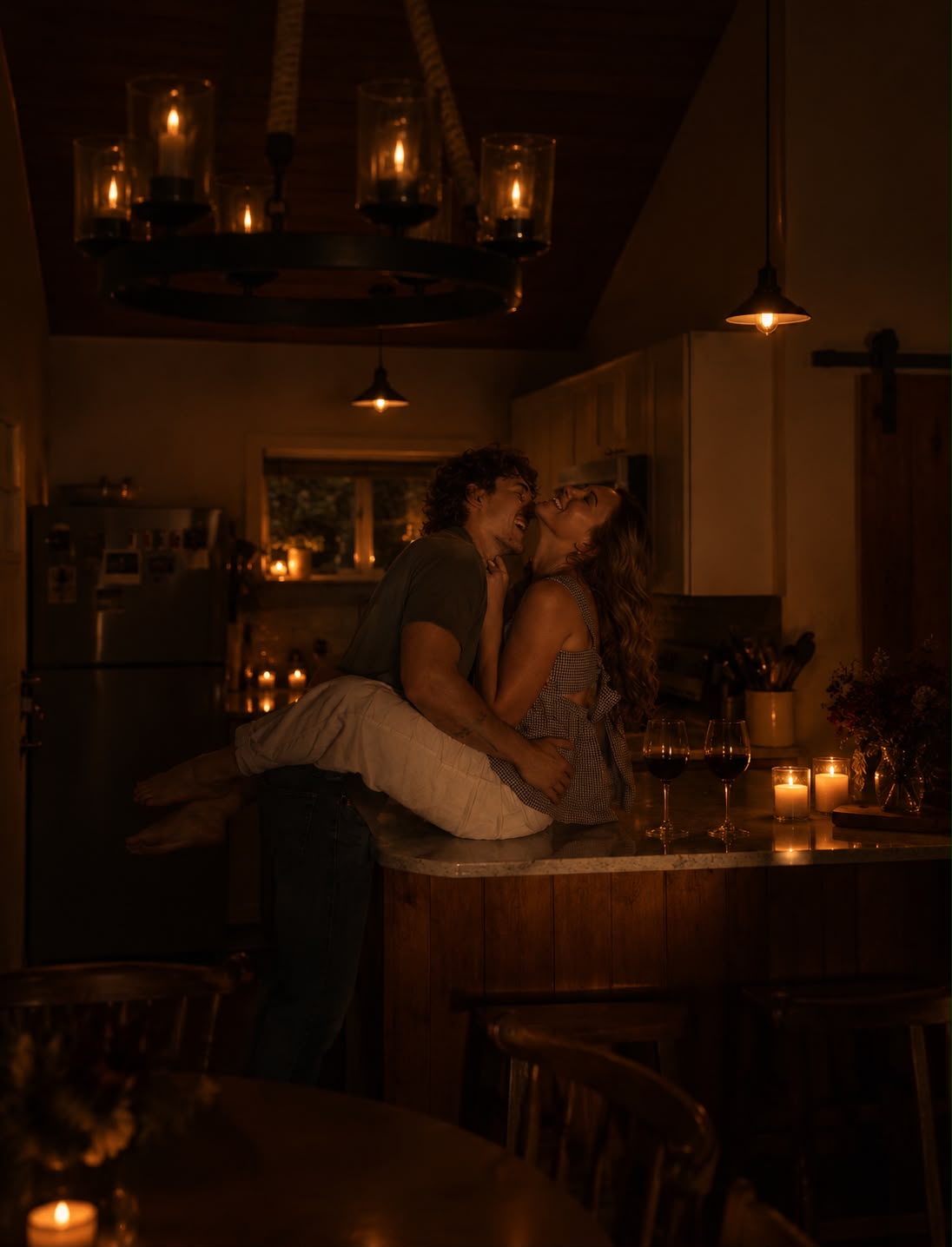 Couple kissing in a candlelit kitchen, with two glasses of wine