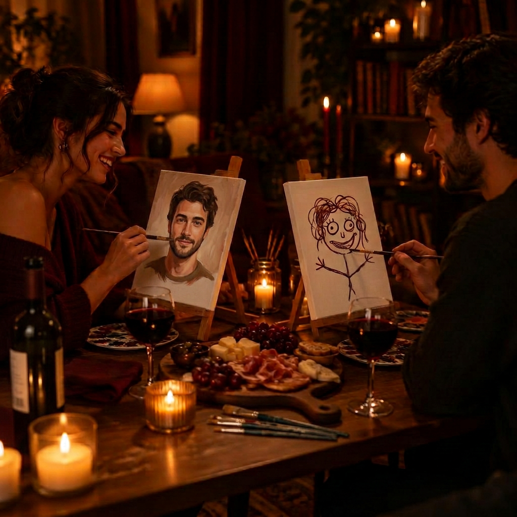 Couple painting portraits of each other by candlelight, with wine and a cheese board